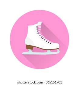 Vector flat ice skate icon with long shadow on pink and white background.