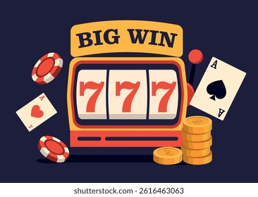 Vector flat icon of 777 slot machines, chips, coins, cards, casino with text Big win for casino projects, roulette, poker