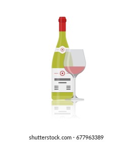 Vector flat icon of alcohol bottle with glass. Vector realistic flat icons isolated on white background.