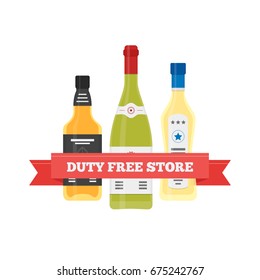 Vector flat icon of alcohol in Duty Free shop at airport. Isolated illustration of different alcohol bottles for tax free airport shopping.