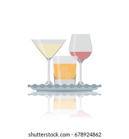 Vector flat icon of alcohol glass on tray. Vector realistic flat icons isolated on white background.