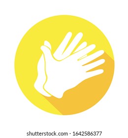 Vector flat icon "Applause". Sign with hand. Communication symbol. White hand with gesture on yellow round background isolated on white. Web button. Mood sticker. Modern illustration