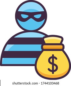 Vector flat icon of bank robbery. Illustration of a masked thief with money bag.