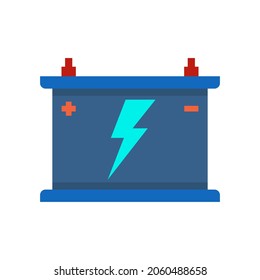 Vector flat icon of battery with small shadow, electricity and blue lightning symbol, white background