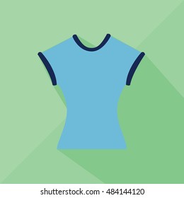 Vector flat icon blue t-shirt, female clothes, isolated over green background with long shadow