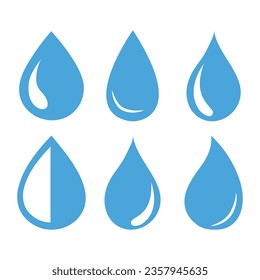 Vector flat icon. Blue water drop drawing or drop drop icon. A collection of six figures. Suitable for logos, badges, textile design and more.