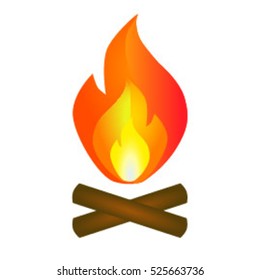 Vector flat icon bonfire flame and fire. Bonfire burning on firewood In the camp, camping and hiking outdoor tourism related Item isolated. Vector Illustration