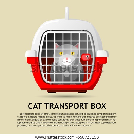 Vector flat icon. Box for transporting animals with gray cat inside.