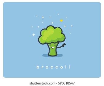 Vector flat icon of broccoli, cute vegetable cartoon character, baby meal 