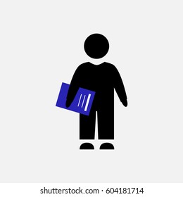 Vector flat icon. Businessman or student with blue notebook. Black male silhouette on gray background. 