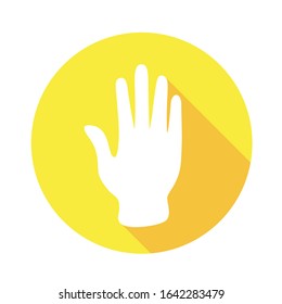 Vector flat icon "Bye","Stop". Sign with hand. Communication symbol. White hand with gesture on yellow round background isolated on white. Web button. Mood sticker. Modern illustration