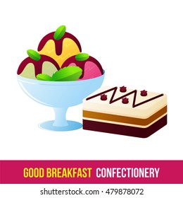 Vector flat icon cake and ice cream. Brochures, advertisements, web design, web icon, food menu. Isolated on a white background