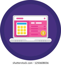Vector flat icon of calculator and dollar sign on laptop screen, payroll administration concept illustration