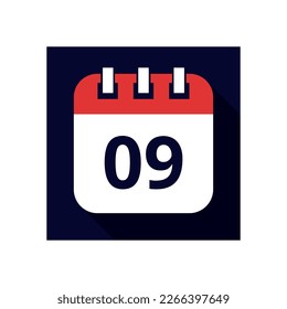 Icono vectorial plano de los días del calendario, días del mes, ilustración del calendario estilo plano marcando el día 09.