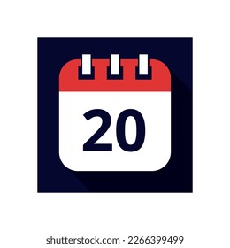 Icono vectorial plano de los días del calendario, días del mes, ilustración del calendario estilo plano marcando el día 20.