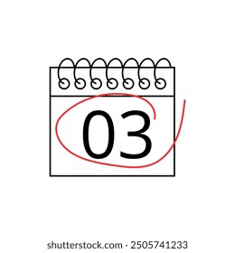 Vector flat icon of calendar with specific day marked on day 03 isolated on transparent background.
