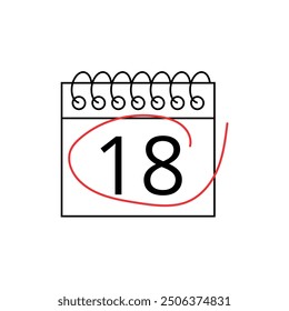 Vector flat icon of calendar with specific day marked on day 18 isolated on transparent background.