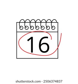 Vector flat icon of calendar with specific day marked on day 16 isolated on transparent background.