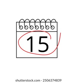 Vektor-Flachsymbol des Kalenders mit einem bestimmten Tag, der an Tag 15 markiert ist, einzeln auf transparentem Hintergrund.