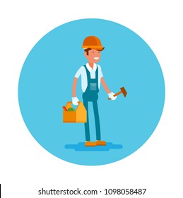 Vector flat icon of a carpenter. Young man in a helmet blue overalls and instruments