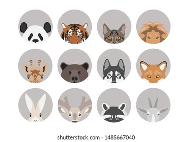 vector flat icon with cartoon heads of domestic and wild animals in circle