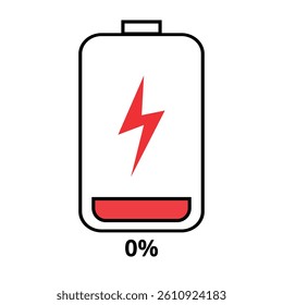 Vector flat icon of cell phone battery with appropriate color of the percentage leaked isolated on transparent background 0% charged.