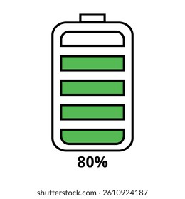 Vector flat icon of cell phone battery with appropriate color of the percentage leaked isolated on transparent background 80% charged.