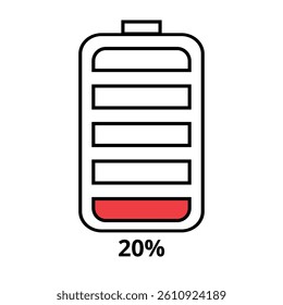 Vector flat icon of cell phone battery with appropriate color of the percentage leaked isolated on transparent background 20% charged.