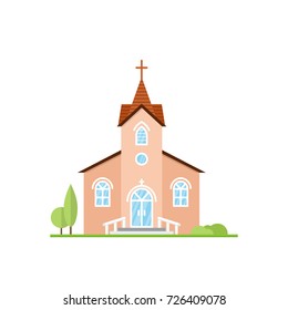 Vector flat icon church. For web design and application interface, also useful for infographics. Vector illustration. Catholic Church landscape.