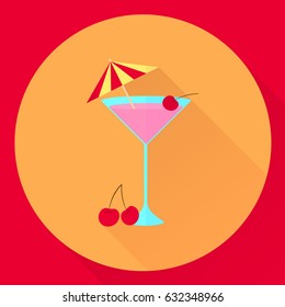 vector flat icon cocktail with cherry and umbrella, glass, pink, red, orange