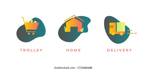 Moderno set de compras y comercio electrónico gradiente iconos planos Vector - Trole, Home, Delivery con colores verde y naranja
