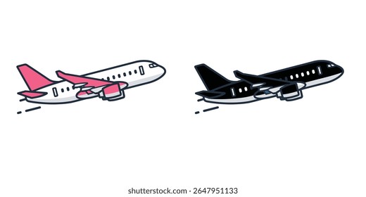 Vector flat icon of a commercial airplane in mid-flight, seen from side view, minimalist design