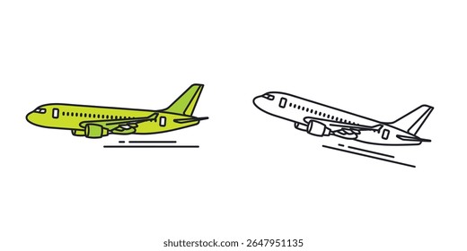 Vector flat icon of a commercial airplane in mid-flight, seen from side view, minimalist design