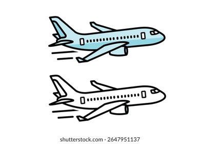 Vector flat icon of a commercial airplane in mid-flight, seen from side view, minimalist design