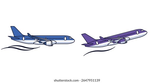 Vector flat icon of a commercial airplane in mid-flight, seen from side view, minimalist design