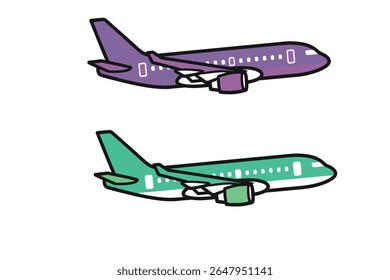 Vector flat icon of a commercial airplane in mid-flight, seen from side view, minimalist design