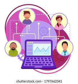 vector flat icon of communication in social networks, organization of online team communication, meetings of programmers and managers, sending messages over the Internet, social network concept mockup