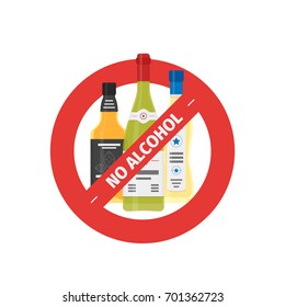 Vector flat icon of concept stop drinking alcohol with whiskey, wine and martini bottles. Vector realistic flat no alcohol icon isolated on white background.