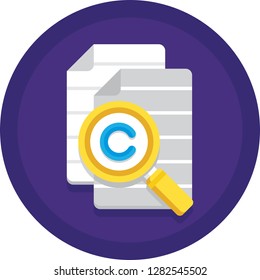 Vector Flat Icon Of Copied Documents And Magnifying Glass With Copyright Symbol. Plagiarism Illustration Concept.