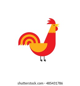 Vector flat icon design of red rooster isolated on white background. Holiday graphic vector illustration for logo, labels, postcards, invitations, banners, prints