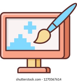 Vector flat icon of digital artwork illustration. Pc screen and paintbrush.