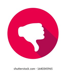 Vector flat icon "dislike". Sign with hand. Communication symbol. White hand with gesture on red round background isolated on white. Web button. Mood sticker. Modern illustration