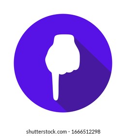 Vector flat icon "Down". Sign with hand. Communication symbol. White hand with gesture on blue round background isolated on white. Web button. Mood sticker. Modern illustration