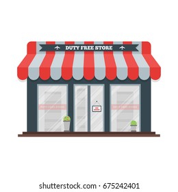 Vector flat icon of Duty Free shop facade at airport. Isolated illustration of store building for tax free airport shopping.