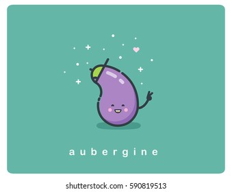 Vector flat icon of eggplant, aubergine, cute vegetable cartoon character, baby meal 