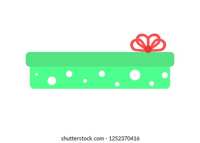 Vector flat icon of an elegant rectangular lime gift box with red bow. Gift box with polka-dot pattern. Element of decoration.