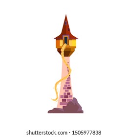 Vector flat icon of fairytale castle, medieval tower. Fantasy gothic tower, with Rapunzel, the princess with the long hair, for stickers and children's illustrations.