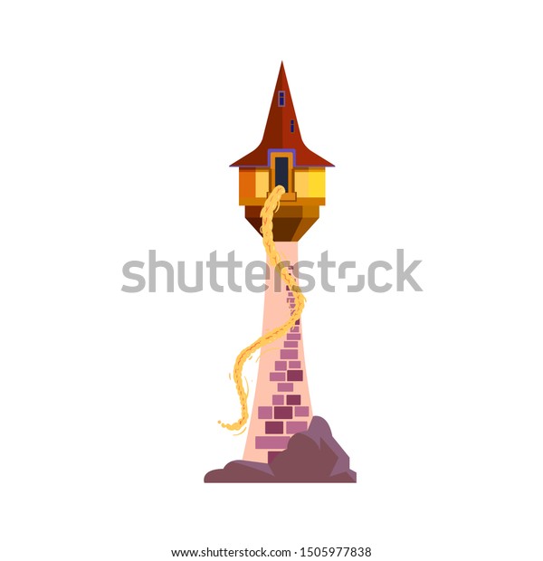 おとぎ話の城 中世の塔のベクターフラットアイコン 長い髪の王女 ラプンツェルと幻想ゴシック体の塔 ステッカーや子どものイラスト のベクター画像素材 ロイヤリティフリー
