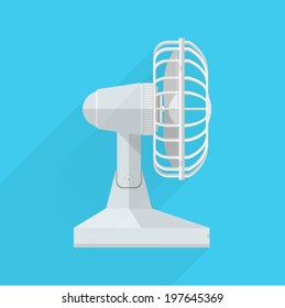 Vector flat icon for fan. A side view of the white fan on blue background.