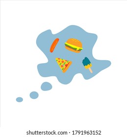 Vector flat icon fastfood dreaming on blue cloud and isolated white.